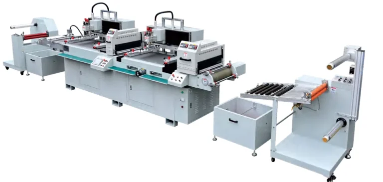WL-5045S two-color UV roll-to-roll screen printing line with two printing stations, UV dryers and roll-handling units