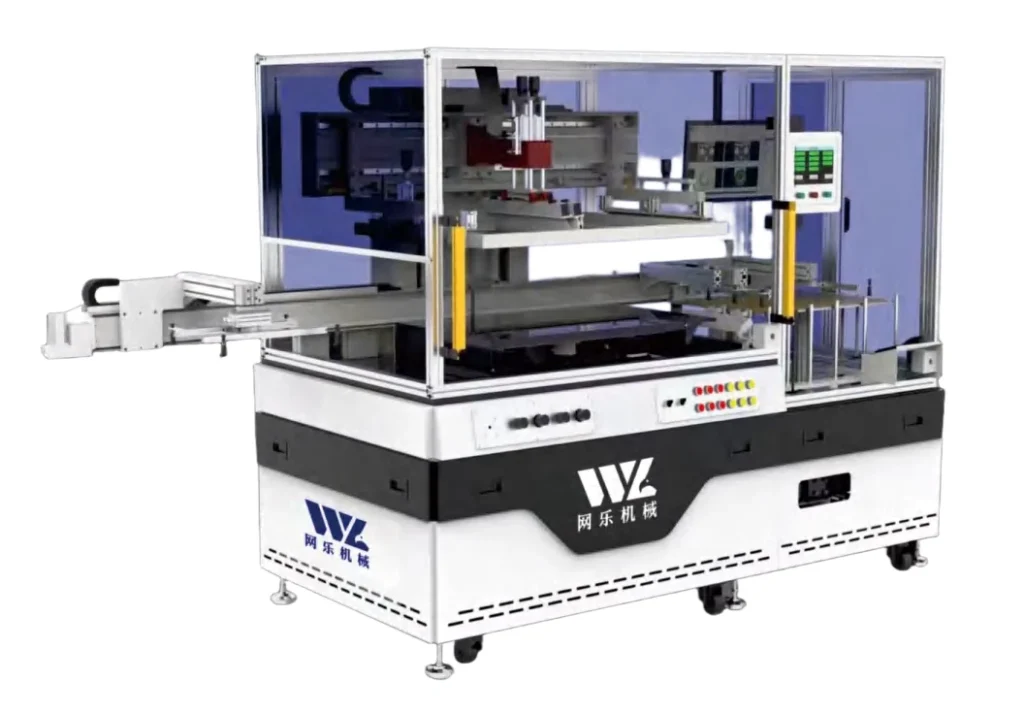 WL-5070PZ automatic sheet-fed screen printing machine with enclosed printing area and sheet-feeding table