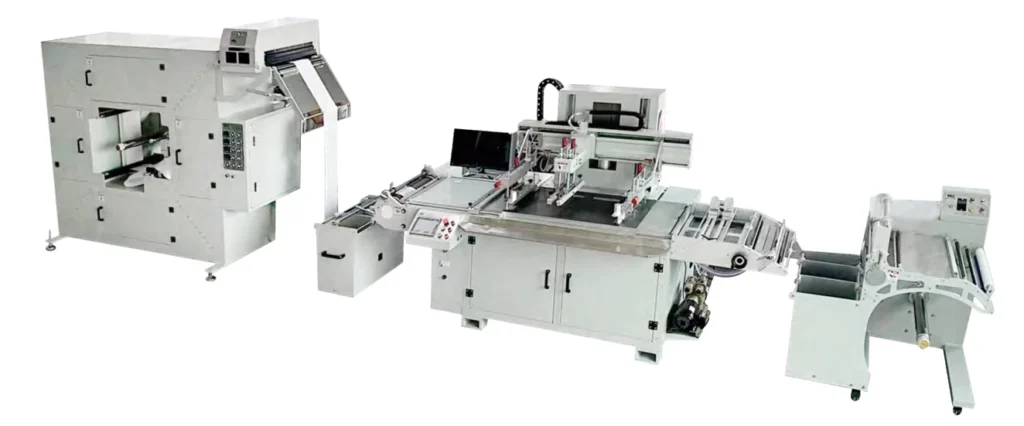 WL-5080CCD screen printing line with right-side suction feeding, a moving-screen printing station and hot-air dryer