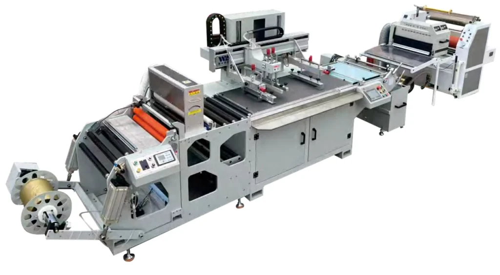 WL-6090D screen printing and cold foil machine with unwinding, a flat screen printing station and UV drying equipment