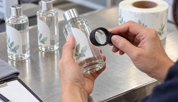 Illustrative quality inspection of a transparent label applied to a glass bottle