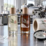 Clear printed labels on pale and amber glass bottles beside a roll of transparent label stock