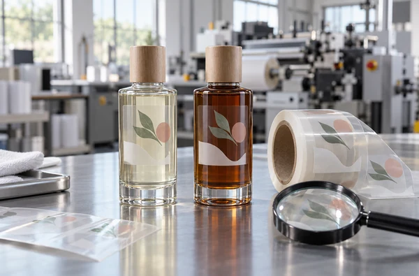 Clear printed labels on pale and amber glass bottles beside a roll of transparent label stock