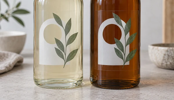 Illustrative clear labels with white backing on pale and amber glass bottles