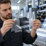 Print technician examining an ink patch lifting from clear PET film beside a roll-fed printing line
