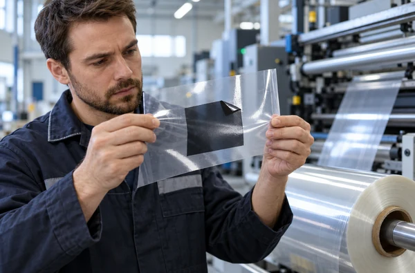 Print technician examining an ink patch lifting from clear PET film beside a roll-fed printing line