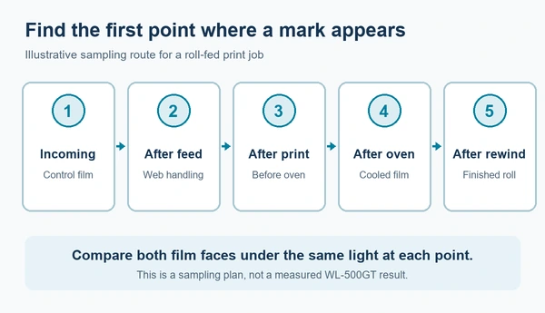 Diagram of five film-inspection checkpoints from incoming roll through feeding, printing, oven and rewinding
