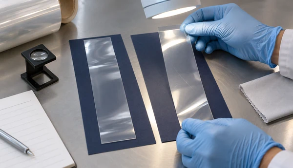 Illustrative workbench with two clear-film strips inspected under an angled task light