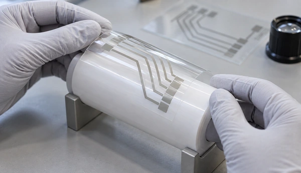 Illustrative bending inspection of silver conductive traces printed on transparent film over a smooth cylindrical mandrel