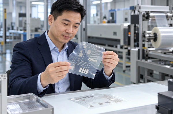 Illustrative scene of a Chinese businessman reviewing silver conductive traces printed on transparent flexible film in a workshop