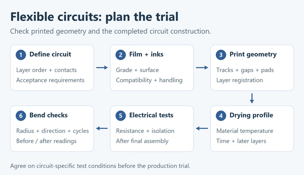 Six trial checks for flexible-circuit screen printing: circuit requirements, film and inks, printed geometry, drying, electrical tests and bending checks