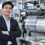 Young male business professional beside roll-fed flexible packaging film equipment