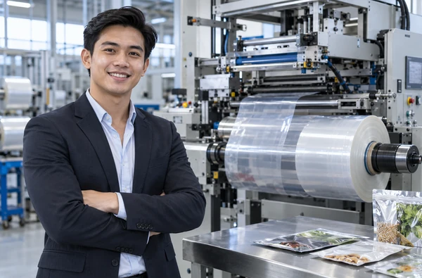 Young male business professional beside roll-fed flexible packaging film equipment