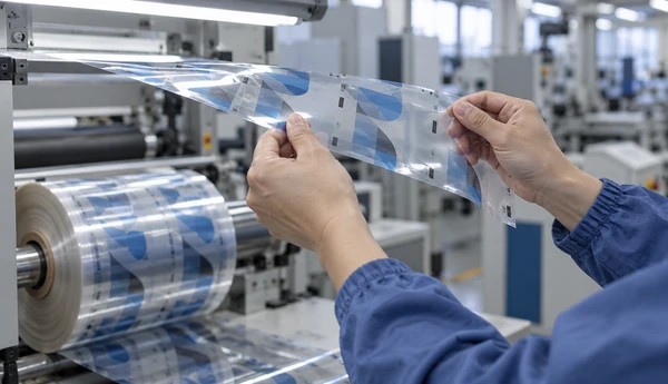 Illustrative inspection of a printed flexible packaging film sample beside a rewound roll