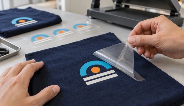 Illustration of hands lifting a clear carrier from a transferred badge on navy cotton during sample inspection