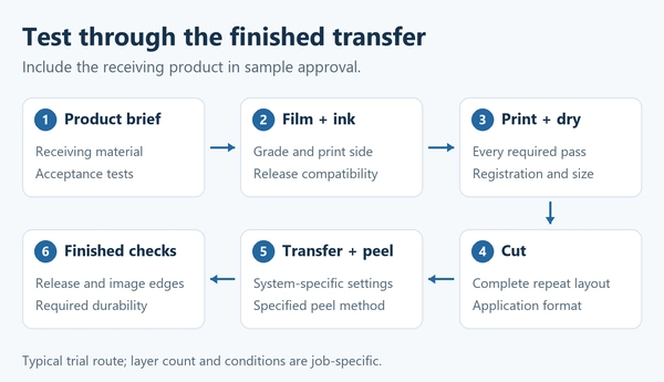 Diagram showing product specification, film and ink selection, printing and drying, cutting, transfer and peeling, and finished checks