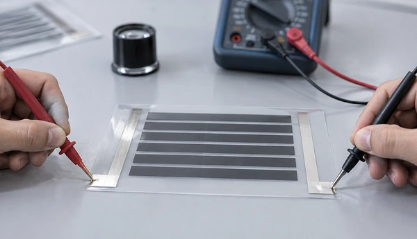 Illustrative resistance inspection of a disconnected printed heating-film sample with red and black meter probes contacting its silver terminal pads