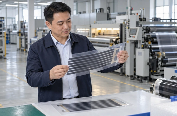 Illustrative scene of a Chinese businessman reviewing a printed flexible heating-film sample in a workshop