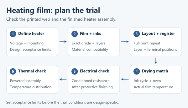 Six trial checks for heating-film screen printing: heater requirements, film and inks, layout and registration, drying, electrical resistance and powered thermal testing