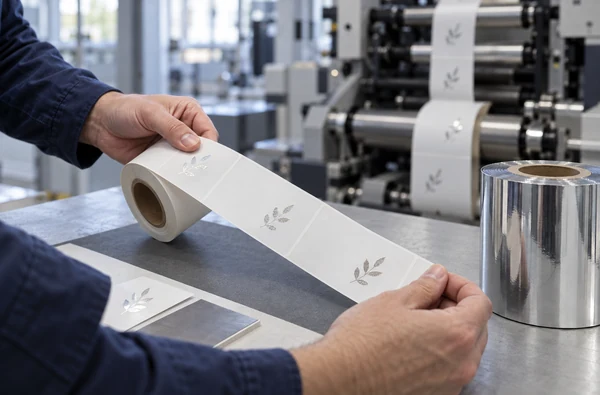Illustration of hands inspecting a roll-fed label strip with widely spaced silver foil motifs beside a foil roll