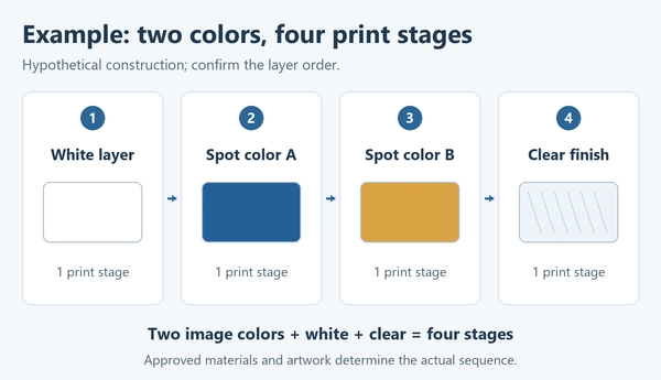 Hypothetical label construction with four separate screen-printing stages: white, spot color A, spot color B and a clear finish