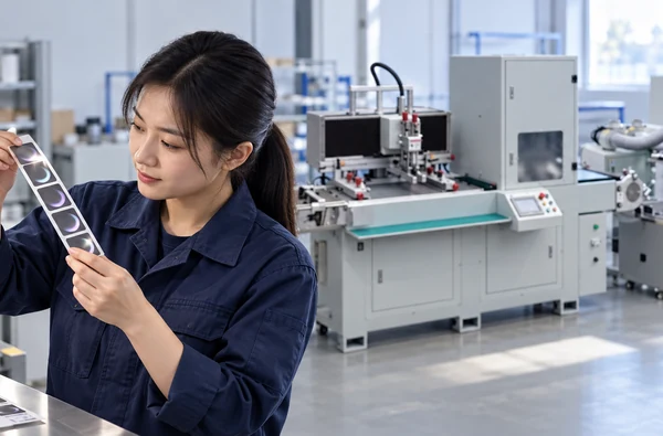 Illustration of an Asian process engineer inspecting magnetic-effect label samples beside a reference-inspired screen printing line