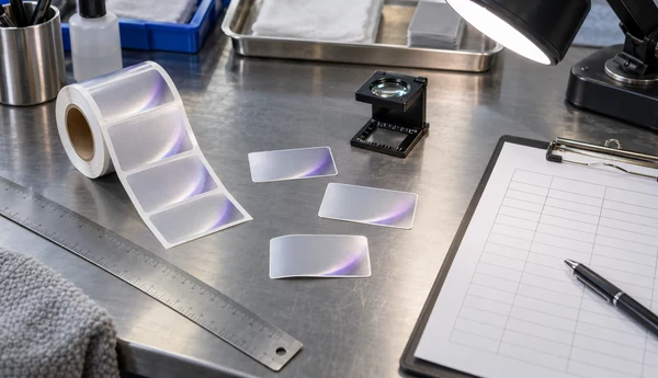 Illustrative workbench with magnetic-effect label samples, a ruler, loupe and inspection sheet