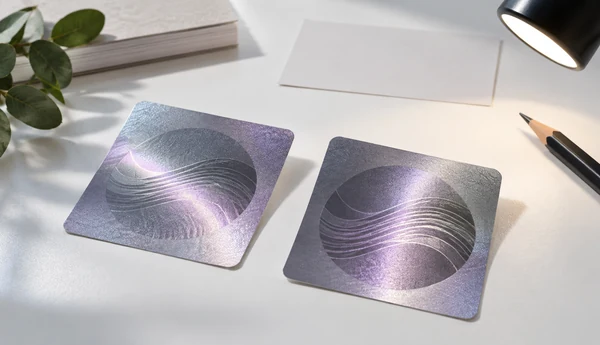 Illustration of two magnetic-effect label samples viewed under an angled inspection lamp