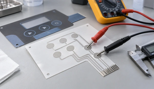 Illustrative conductive-film inspection setup with two multimeter probes and a caliper beside a membrane-switch sample