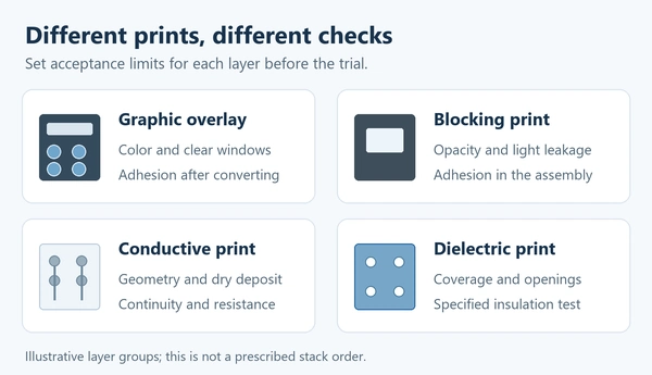 Diagram of separate checks for graphic overlay, blocking print, conductive print and dielectric print