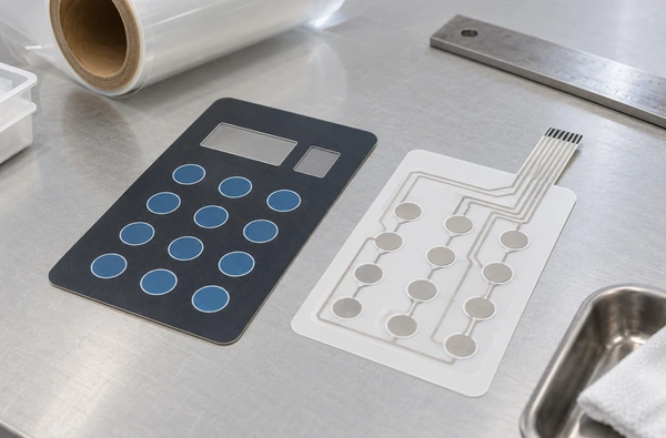 Illustration of a membrane-switch graphic overlay and a separate silver-printed circuit film on an inspection bench