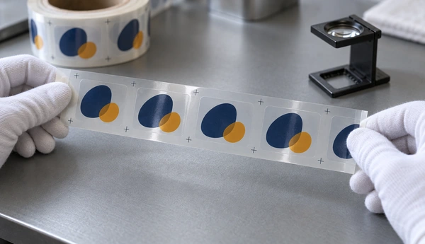Illustrative inspection of two-color transparent label samples with outside reference marks and a loupe