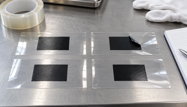 Four printed PET film strips arranged for an ink adhesion comparison trial on an inspection bench