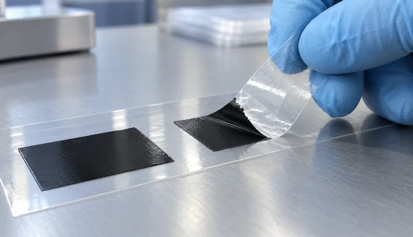 Close-up of a clear tape pull lifting part of a black ink patch from a transparent PET test strip