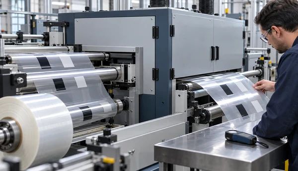 Printed PET film web passing through an enclosed UV curing section in a roll-to-roll workshop