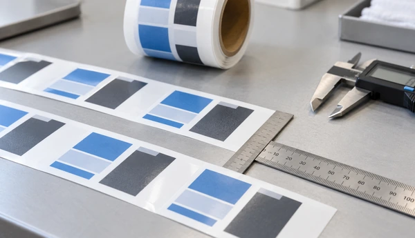 Illustrative inspection workbench with printed film strips and rulers beside the web edge