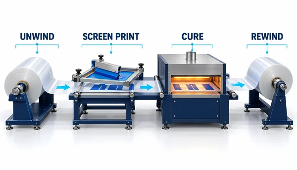 Roll-to-roll screen printing workflow showing unwinding, screen printing, curing, and rewinding stages