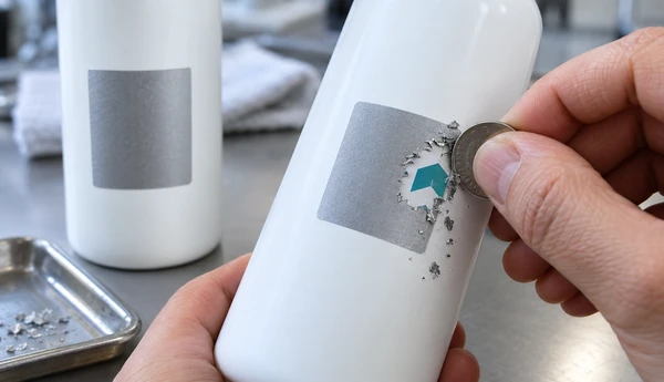 Illustrative coin scratch test on a silver coated label applied to a white bottle