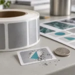 Illustrative roll of silver scratch-off labels beside a sample with a partially removed coating