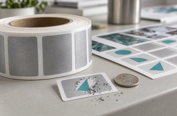 Illustrative roll of silver scratch-off labels beside a sample with a partially removed coating