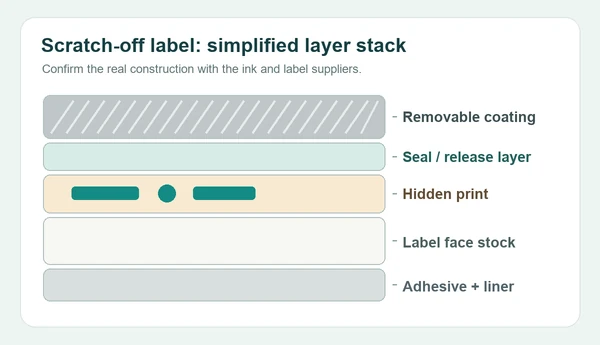 Simplified layer diagram of scratch-off coating, seal or release layer, hidden print, face stock, adhesive and liner