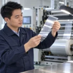 Illustration of an adult Asian male process engineer inspecting clear roll-fed film under a task light