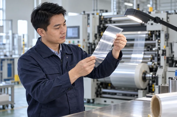 Illustration of an adult Asian male process engineer inspecting clear roll-fed film under a task light