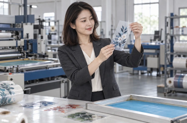 Illustrative scene of a Chinese businesswoman reviewing printed film samples in a screen printing workshop