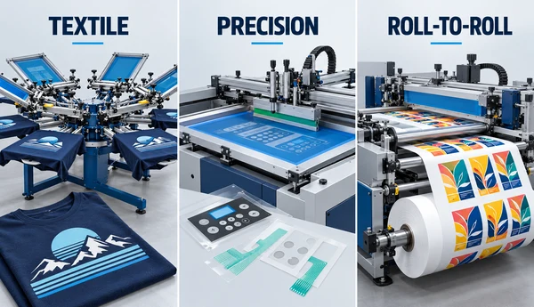Comparison of textile carousel, precision flatbed, and roll-to-roll screen printing machines with fabric, membrane switch, and label samples