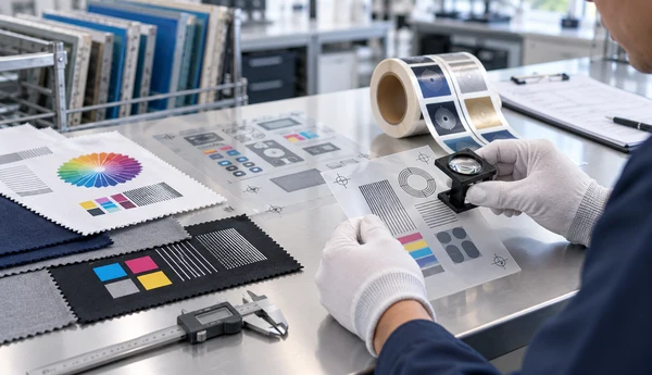 Gloved technician examining screen printed film with a magnifier beside fabric swatches, label rolls, color targets, and a caliper