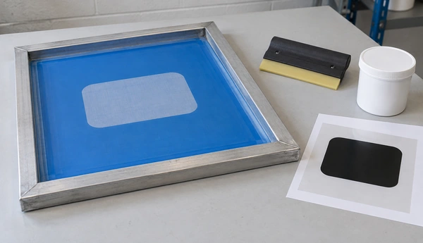 Illustrative screen preparation tools with an aluminum screen frame, blue stencil, squeegee, ink container and matching film positive