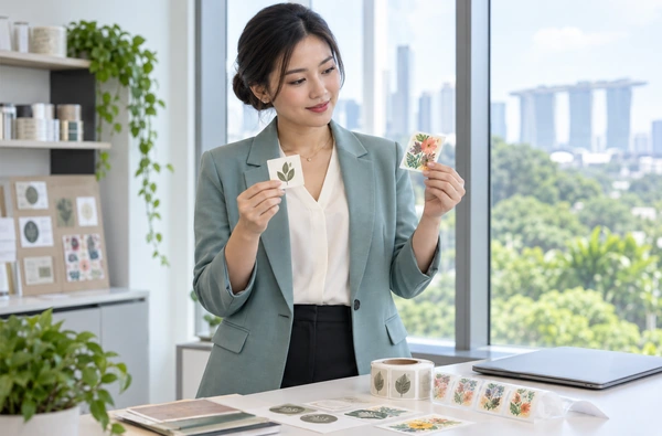 Illustrative scene of a Singaporean woman comparing single-color and multicolor label samples in a modern office
