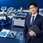Business professional standing beside textile, precision flatbed, and roll-to-roll screen printing machines and printed samples