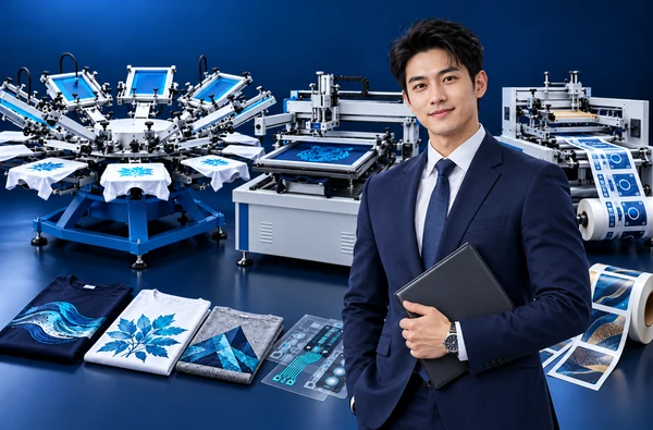 Business professional standing beside textile, precision flatbed, and roll-to-roll screen printing machines and printed samples